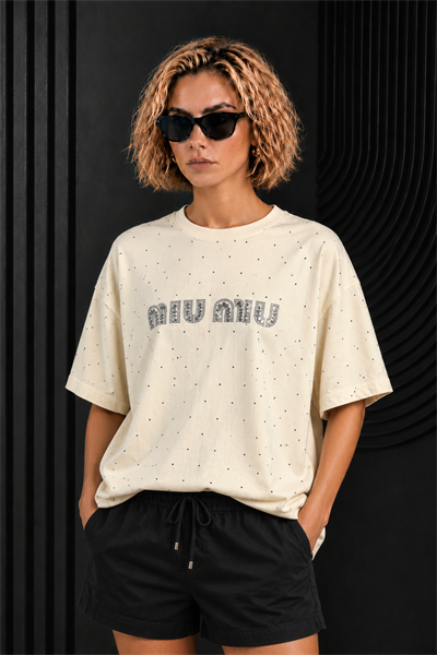 Açık Sarı Taş İşlemeli Oversize Bisiklet Yaka %100 Pamuk T-shirt