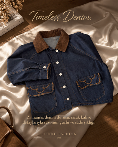 Lacivert Denim Kahve Kadife Yaka Cepli Nakışlı Ceket
