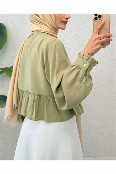 Kadın Haki Eteği Fırfırlı Ten.Sel Kumaş Pamuk Gömlek