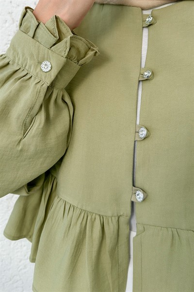 Kadın Haki Eteği Fırfırlı Ten.Sel Kumaş Pamuk Gömlek