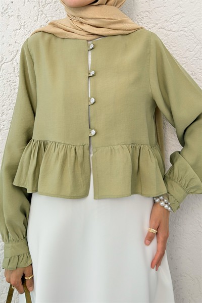 Kadın Haki Eteği Fırfırlı Ten.Sel Kumaş Pamuk Gömlek