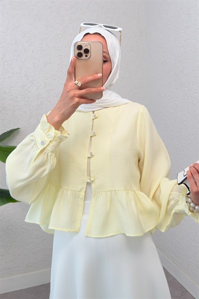 Kadın Sarı Eteği Fırfırlı Ten.Sel Kumaş Pamuk Gömlek