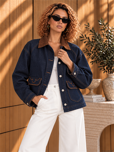 Lacivert Denim Kahve Kadife Yaka Cepli Nakışlı Ceket