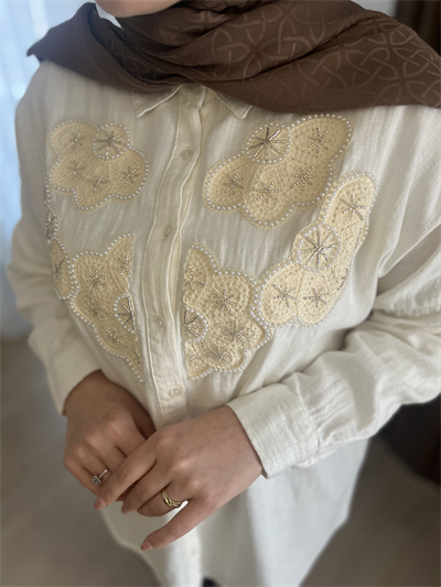 Kadın Ekru İnci İşlemeli Brode Nakışlı Pamuk Keten Tunik Gömlek 