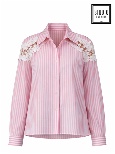 Pembe Çizgili Dantel Detaylı Pamuklu Gömlek
