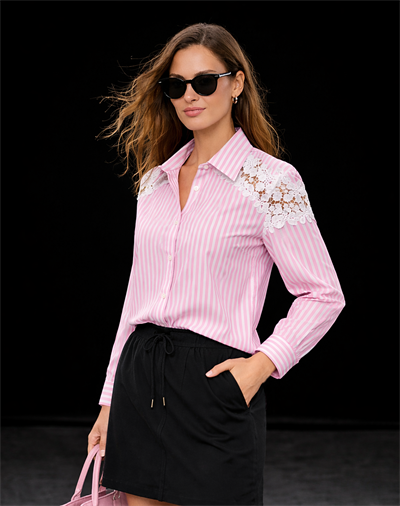 Pembe Çizgili Dantel Detaylı Pamuklu Gömlek