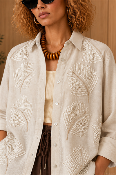 Naturel Nakış Detaylı Oversize Pamuk Keten Gömlek