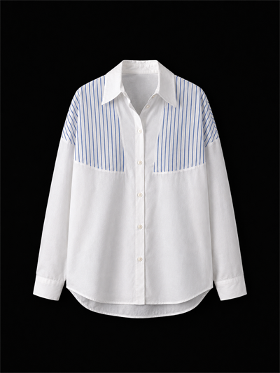 Beyaz-Lacivert Çizgi Detaylı Oversize %100 Pamuk Poplin Gömlek