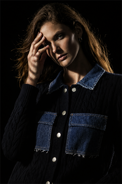 Kadın Metal Çıtçıtlı Denim Mix Saç Örgü Triko Ceket - Hırka