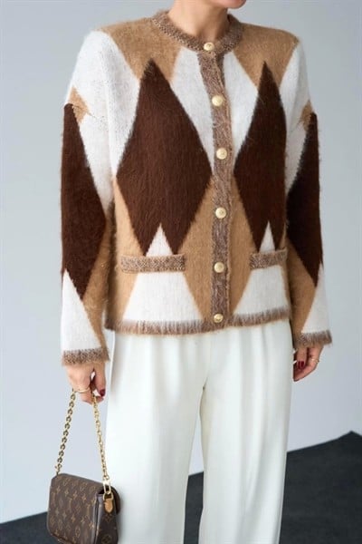 Geniş Baklava Desen Hırka - Camel-krem