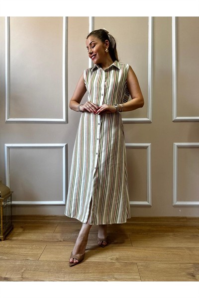 Kadın Haki Çizgili Arka Büzgülü Elbise