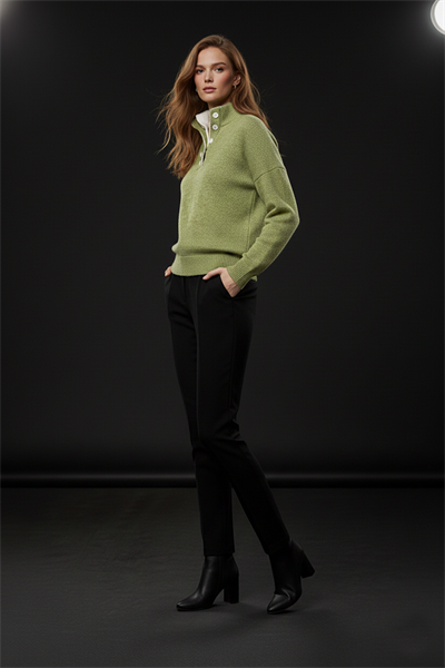 Kadın Açık Yeşil-Krem Oversize 2 Patlı Düğmeli Kazak