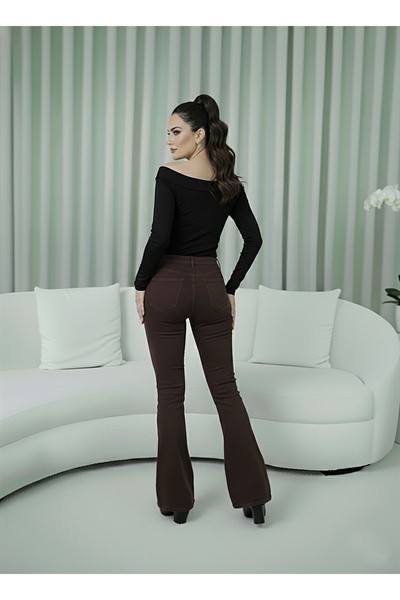 Kadın Acıkahve Yüksek Bel Esnek İspanyol Paça Jean Pantolon