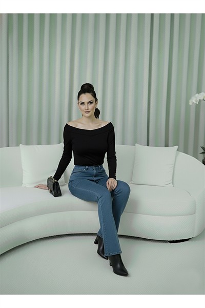 Kadın Mavi Yüksek Bel Esnek İspanyol Paça Jean Pantolon