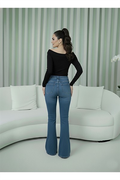 Kadın Mavi Yüksek Bel Esnek İspanyol Paça Jean Pantolon
