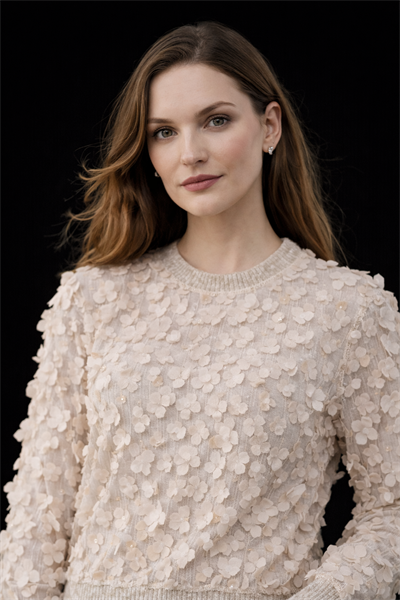 Kadın Bej Bisiklet Yaka Üç Boyutlu Çiçek Aplikeli Kazak