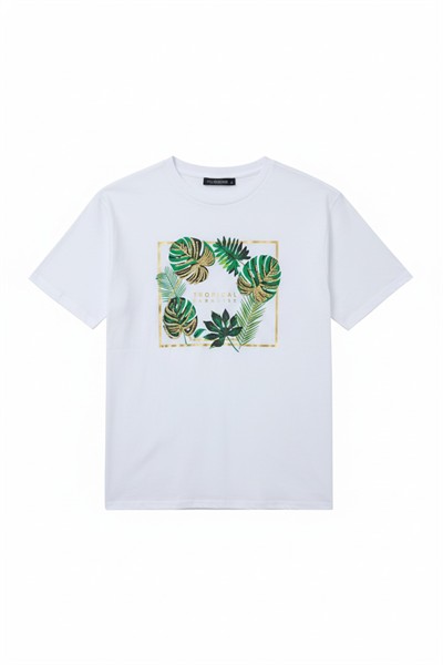 Kadın Beyaz Bisiklet Yaka Tropical Yaprak Pul Payet İşlemeli %100 Pamuk T-Shirt