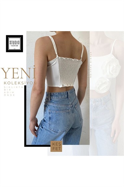 Kadın Beyaz Çıkarılabilir Gül Broşlu Askılı Crop Bluz