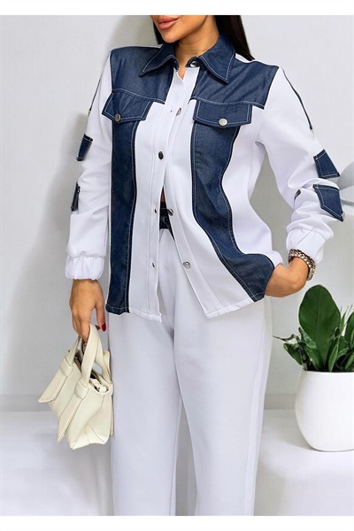 Kadın Beyaz Denim Garnili Beli Lastikli A Kalite Scuba Tasarım Gömlek Ceket İkili Takım
