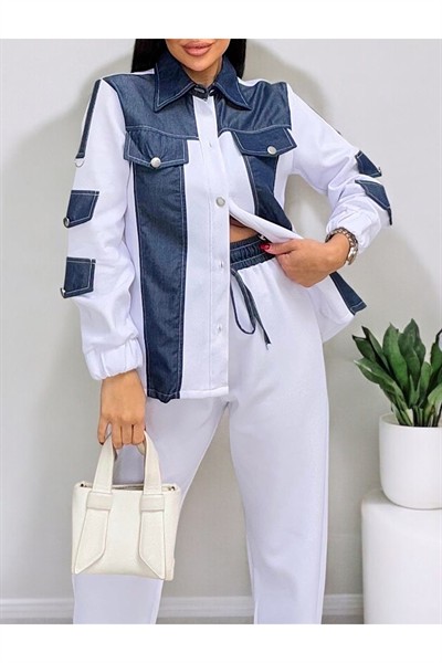 Kadın Beyaz Denim Garnili Beli Lastikli A Kalite Scuba Tasarım Gömlek Ceket İkili Takım