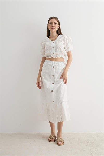 Kadın Beyaz Garni Terrycotton Detaylı Dantelli %100 Pamuk Bluz ve Astarlı Etek