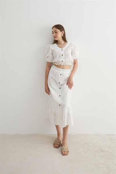 Kadın Beyaz Garni Terrycotton Detaylı Dantelli %100 Pamuk Bluz ve Astarlı Etek