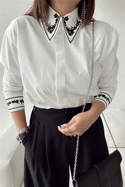 Kadın Beyaz Nakışlı Premium Orijinal Marka %100 Pamuk Tasarım Gömlek