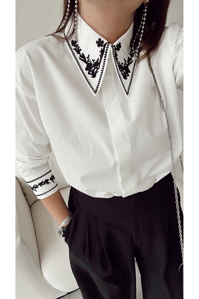Kadın Beyaz Nakışlı Premium Orijinal Marka %100 Pamuk Tasarım Gömlek
