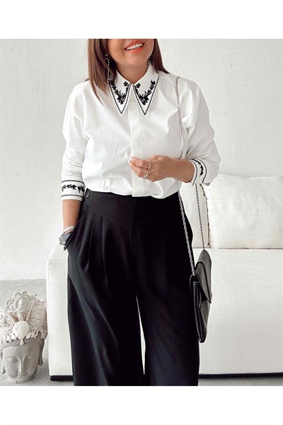 Kadın Beyaz Nakışlı Premium Orijinal Marka %100 Pamuk Tasarım Gömlek