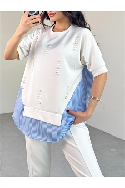 Kadın Beyaz Premium İnci İşlemeli Modal Likralı Esnek Takım