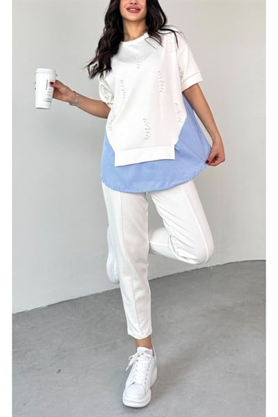 Kadın Beyaz Premium İnci İşlemeli Modal Likralı Esnek Takım