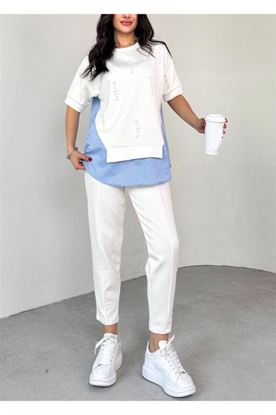 Kadın Beyaz Premium İnci İşlemeli Modal Likralı Esnek Takım