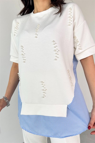 Kadın Beyaz Premium İnci İşlemeli Modal Likralı Esnek Takım