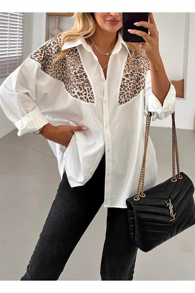 Kadın Beyaz Tasarım Leopar Detay Oversize Poplin Pamuklu Gömlek