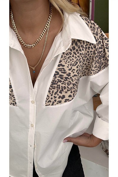 Kadın Beyaz Tasarım Leopar Detay Oversize Poplin Pamuklu Gömlek