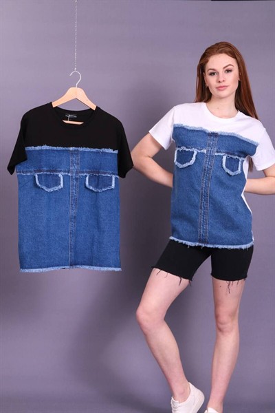 Kadın Beyaz Yeni Sezon Denim Kot Detaylı Tasarım Pamuklu T-Shirt