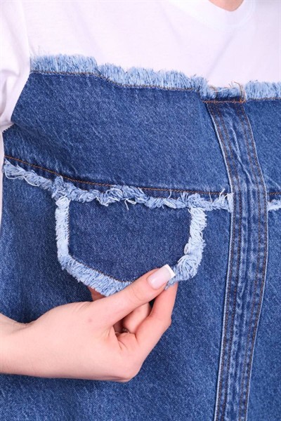 Kadın Beyaz Yeni Sezon Denim Kot Detaylı Tasarım Pamuklu T-Shirt