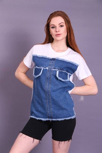 Kadın Beyaz Yeni Sezon Denim Kot Detaylı Tasarım Pamuklu T-Shirt