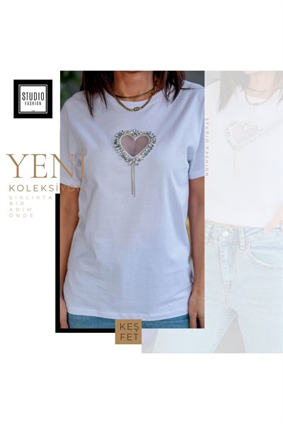 Kadın Beyaz Yeni Sezon Tüllü Kalp Detaylı Taşlı Oversize Esnek %100 Pamuk T-shirt