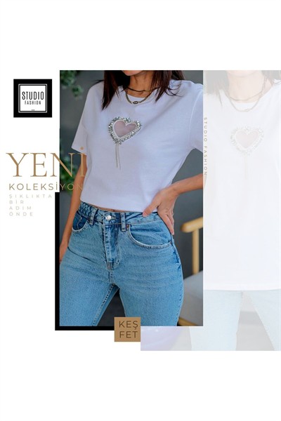 Kadın Beyaz Yeni Sezon Tüllü Kalp Detaylı Taşlı Oversize Esnek %100 Pamuk T-shirt