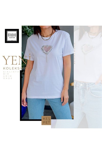 Kadın Beyaz Yeni Sezon Tüllü Kalp Detaylı Taşlı Oversize Esnek %100 Pamuk T-shirt