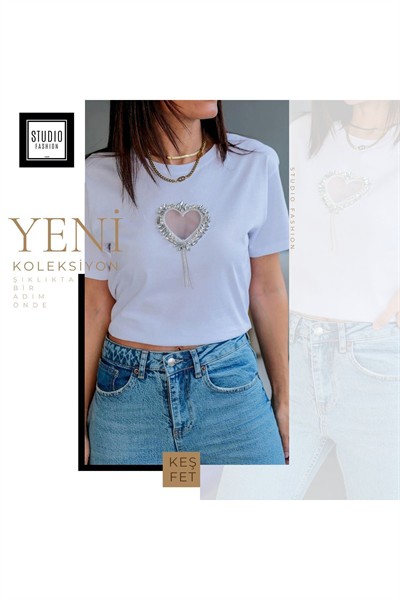 Kadın Beyaz Yeni Sezon Tüllü Kalp Detaylı Taşlı Oversize Esnek %100 Pamuk T-shirt