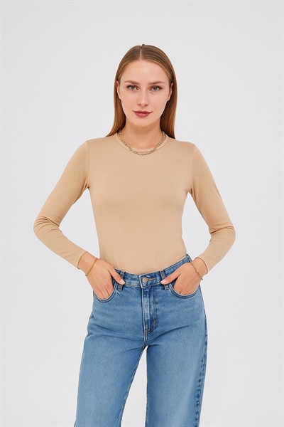 Kadın Bej Bisiklet Yaka Uzun Kol Premium Kumaş Viskon Likralı Body