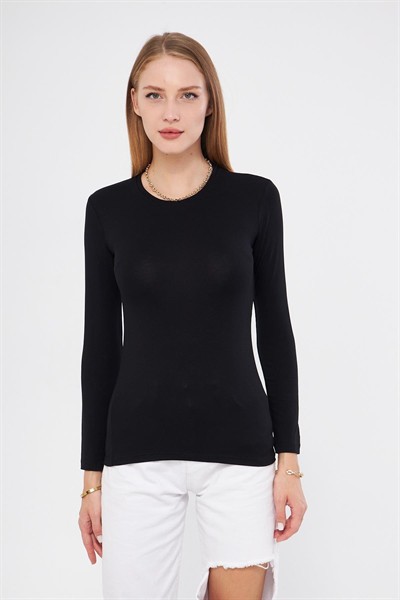 Kadın Siyah Bisiklet Yaka Uzun Kol Premium Kumaş Viskon Likralı Body