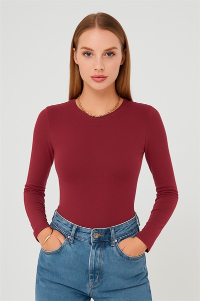 Kadın Bordo Bisiklet Yaka Uzun Kol Premium Kumaş Viskon Likralı Body