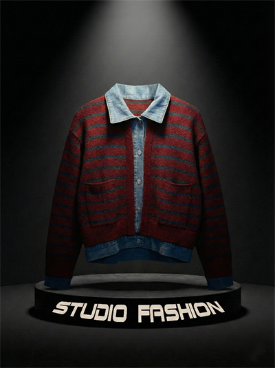 Kadın Bordo Çizgili Denim Detaylı Triko Hırka