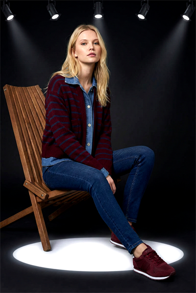 Kadın Bordo Çizgili Denim Detaylı Triko Hırka
