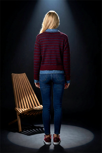 Kadın Bordo Çizgili Denim Detaylı Triko Hırka