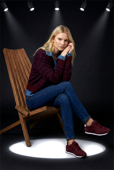 Kadın Bordo Çizgili Denim Detaylı Triko Hırka