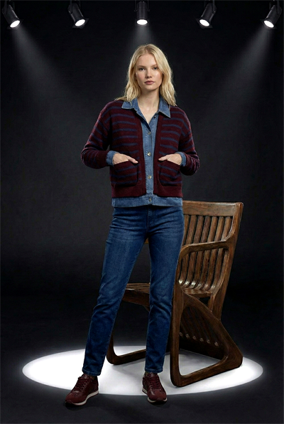 Kadın Bordo Çizgili Denim Detaylı Triko Hırka